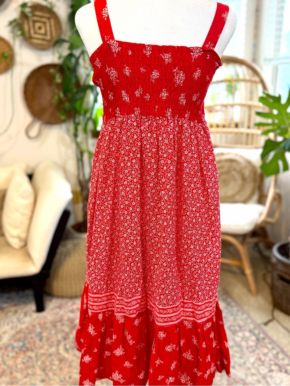 VTG 100% Cotton Union Tag Red/White Boho Cottagecore Midi Sundress S M sz 7-8 - Picture 4 of 10